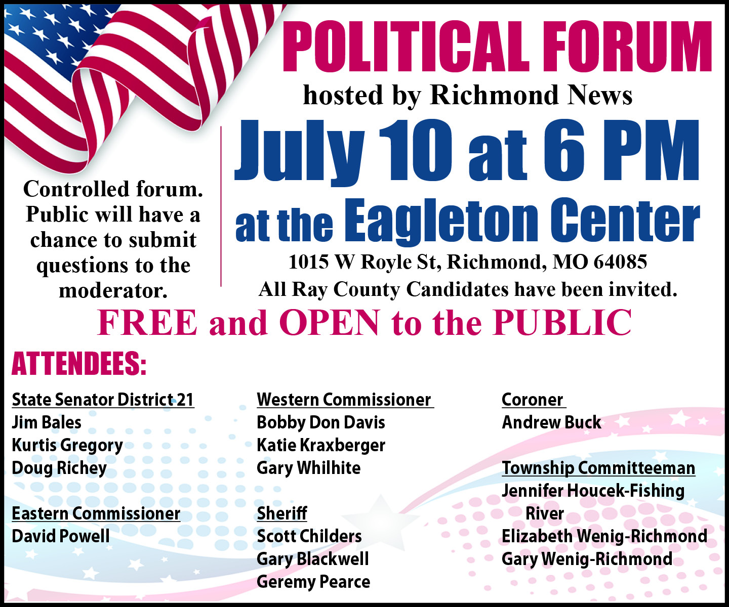 Political Forum July 10 at 6PM